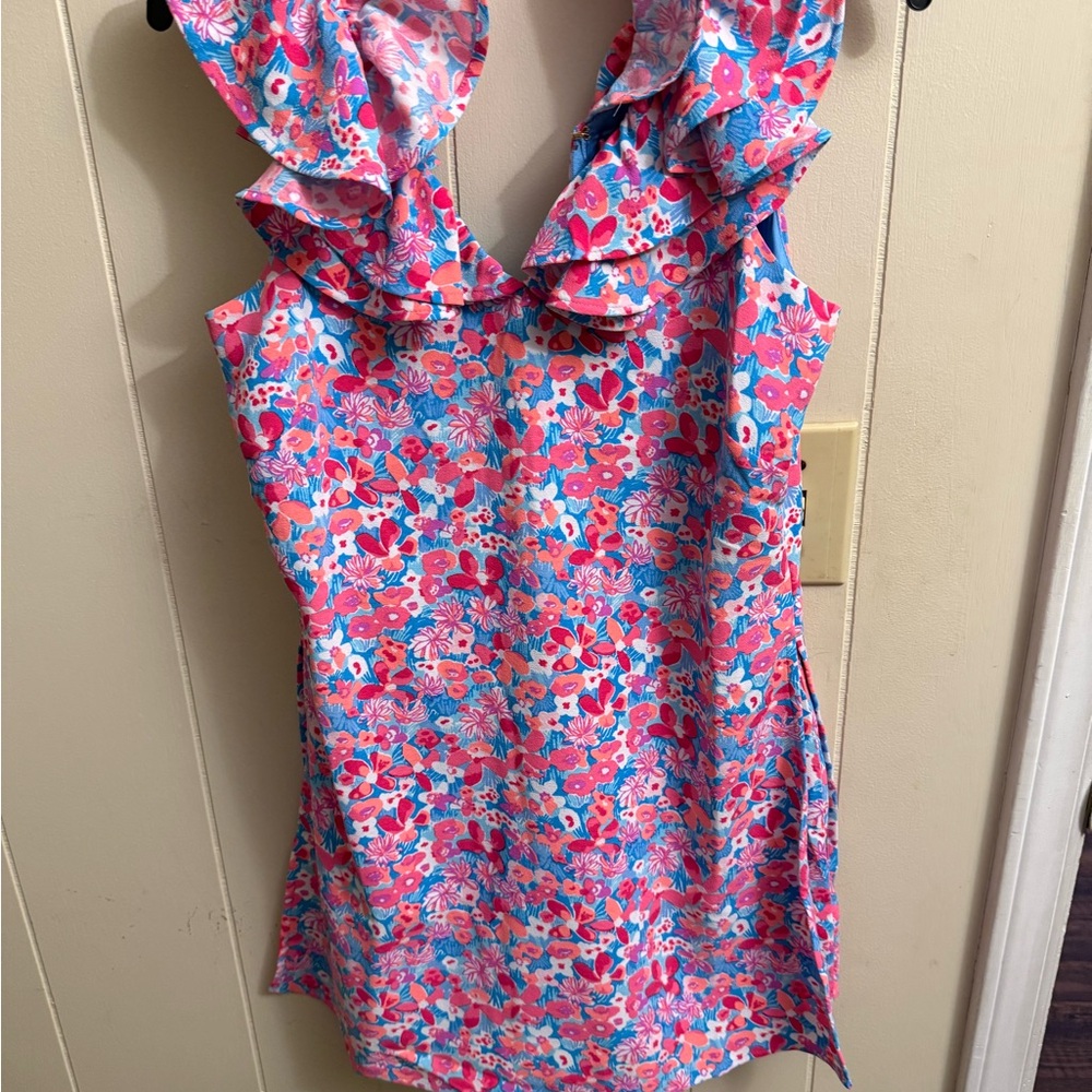 Lilly Pulitzer Pink and Blue Ruffled Sleeveless Blouse